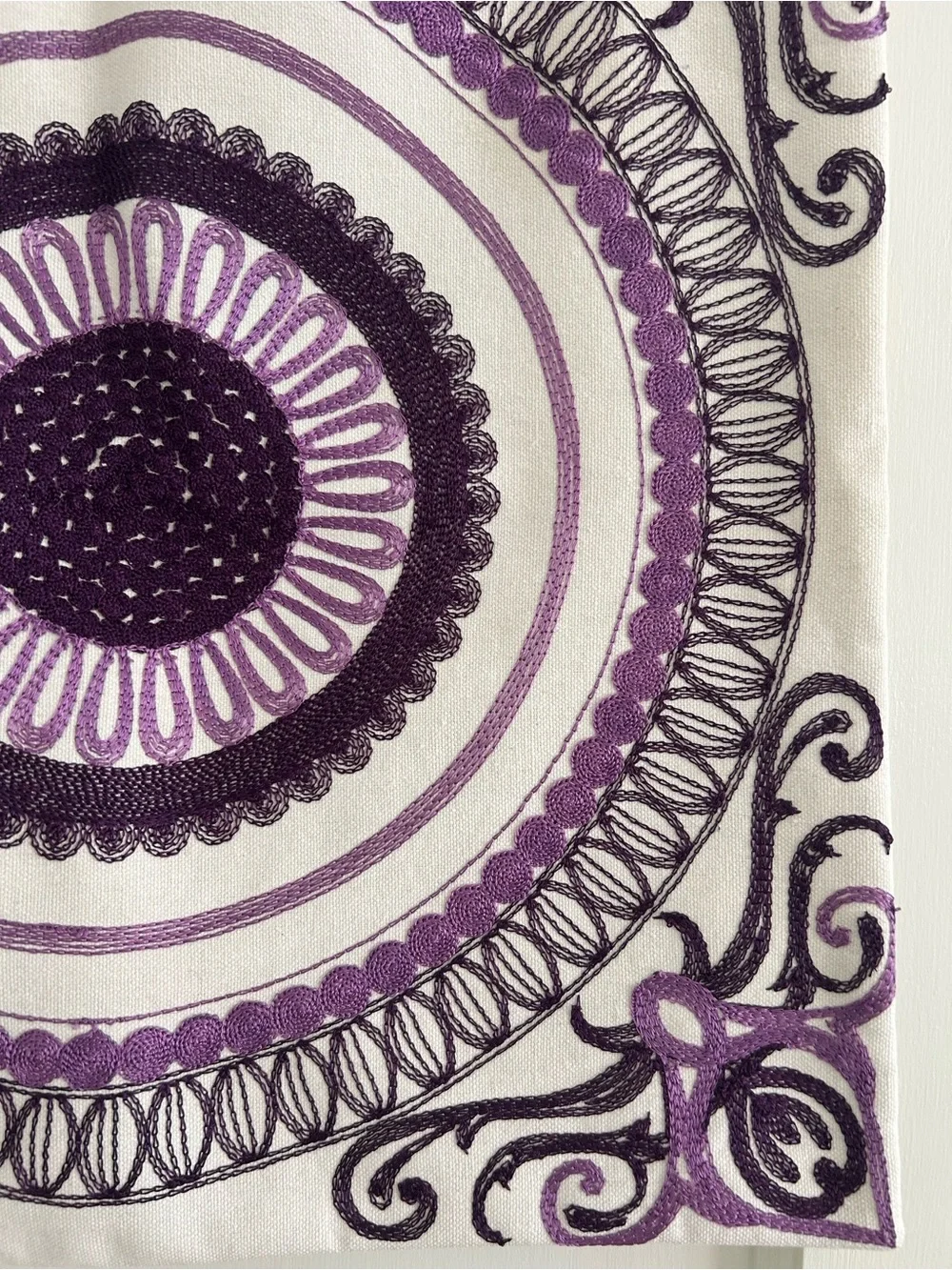 Purple & Off White embroidered Boho Mandala Pillow Sham Cover 17” x 17”